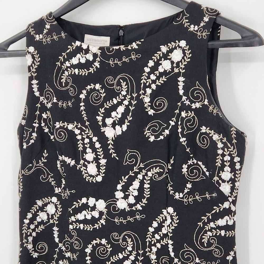 Black Linen Embroidered Paisley Dress Elegant Vtg Romantic Size 8P Liz Claiborne - Picture 2 of 12